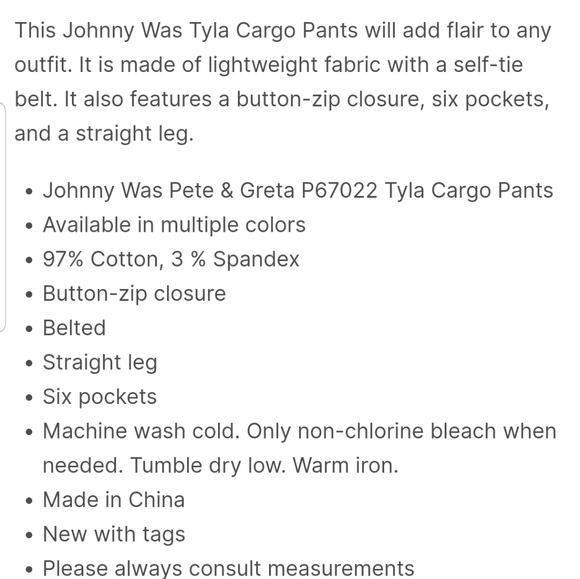Johnny Was Pete & Greta Tyla Cargo Pants Boho Chic - Picture 6 of 15